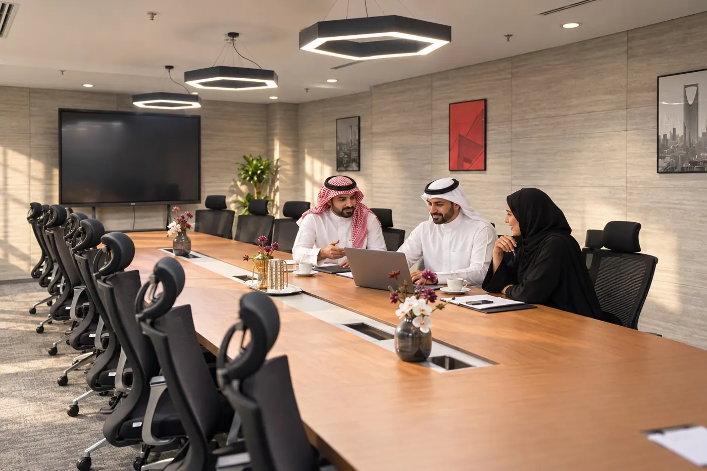 AI lifestyle illustration of fictional Saudi professionals in a boardroom inspired by the Jeddah space