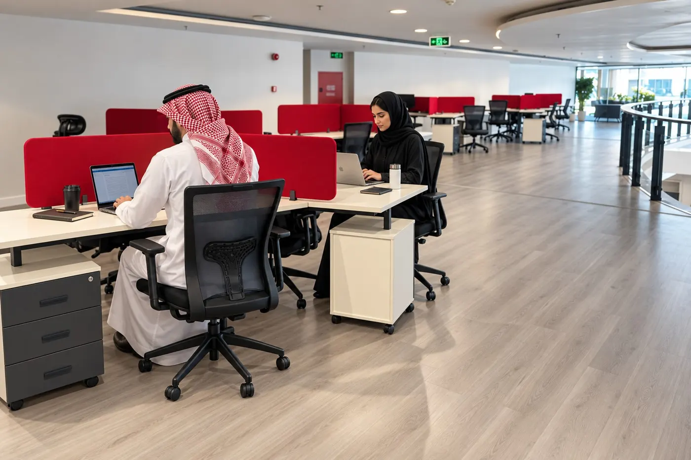 AI illustration of fictional Saudi professionals in coworking space based on the real Jeddah branch